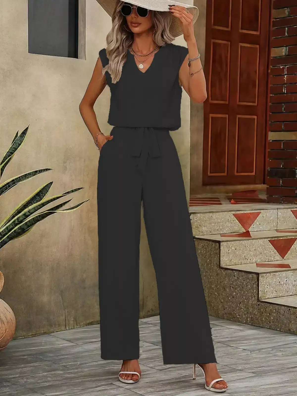 Refined V-Neck Wide-Leg Pants Matching Set