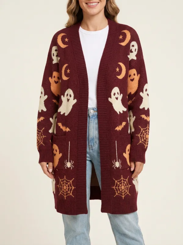 Women's Halloween Ghost Moon Spider Web Patterned Cardigan