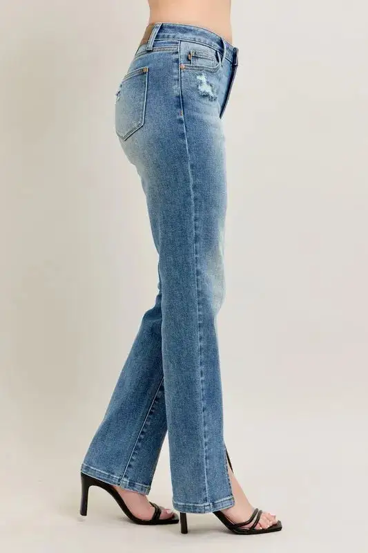 Full Size High Waist Vintage Wash Front Seam & Slit Straight Plus Size