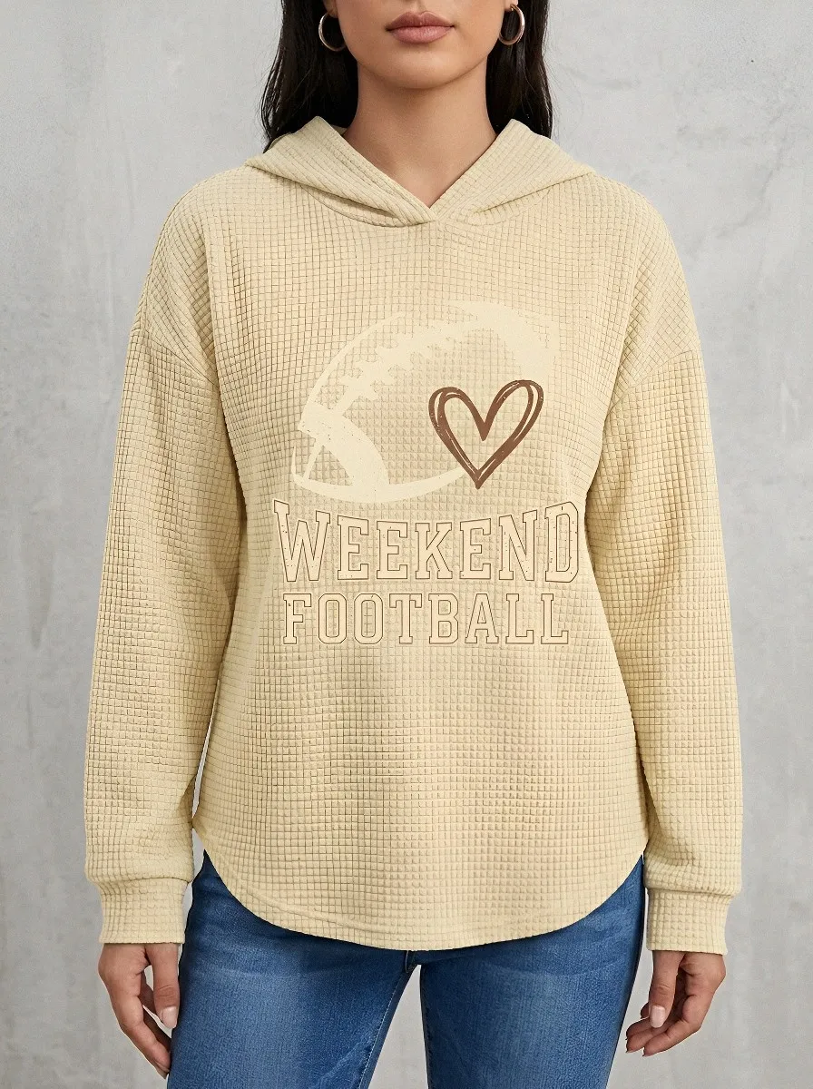 Women's Easygoing Weekend Football Heart Graphic Printed Waffle Hoodie