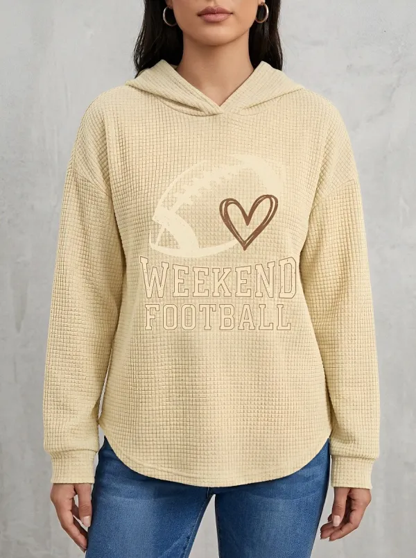 Women's Easygoing Weekend Football Heart Graphic Printed Waffle Hoodie