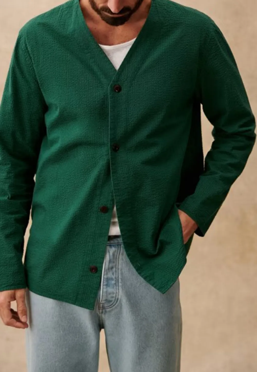 Green Seersucker V-Neck Button Front Jacket
