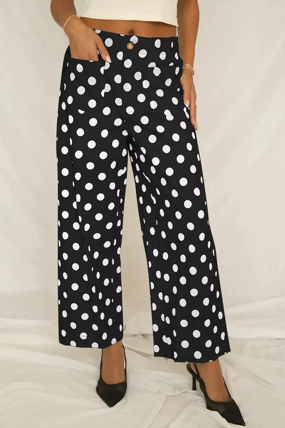 Polka Dot Print Patched Pocket Mid Rise Straight Leg Pants