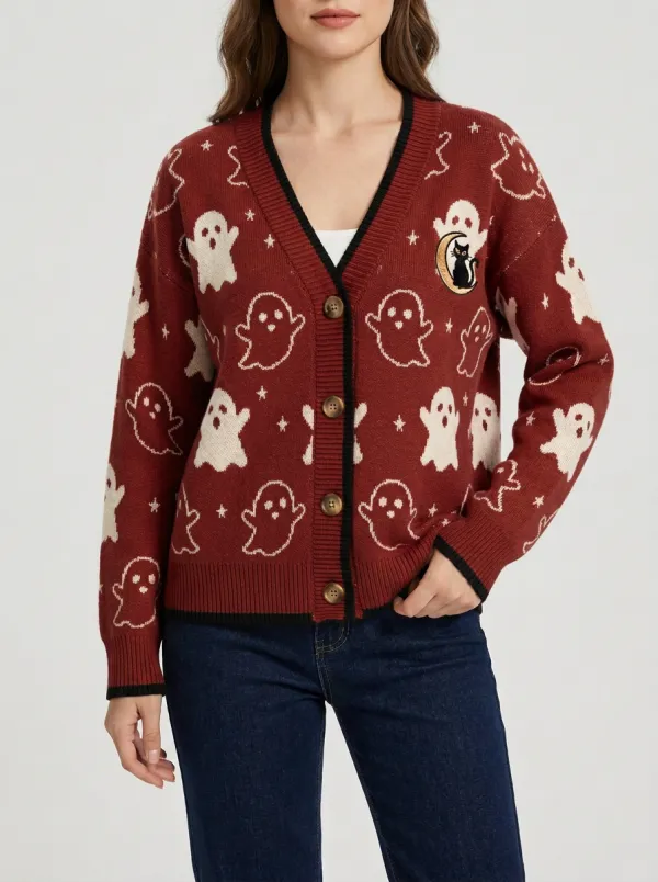 Women's Ghost and Black Cat Halloween Knit Cardigan