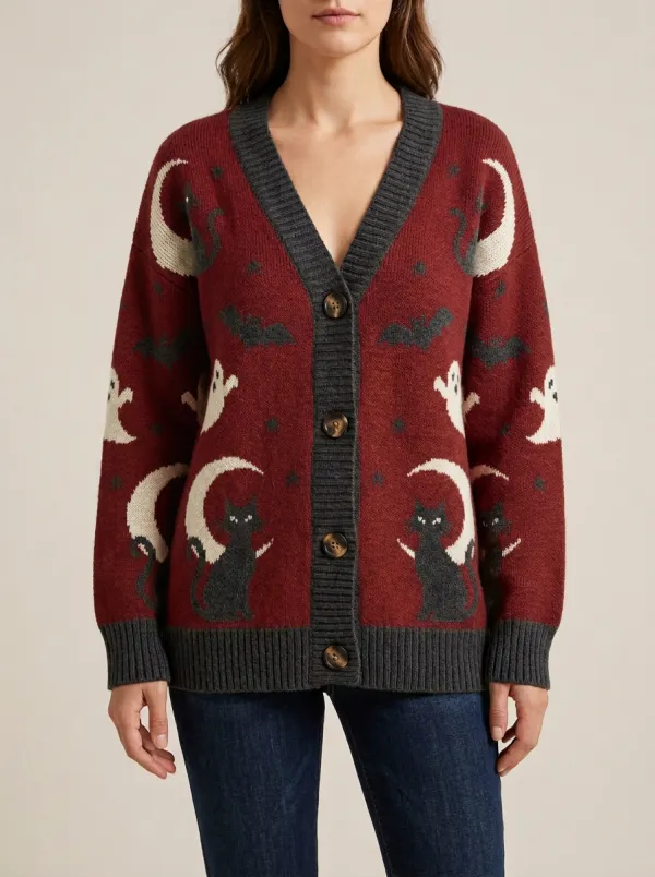 Women's Halloween Ghost Cat Bat Moon Pattern Knitted Cardigan