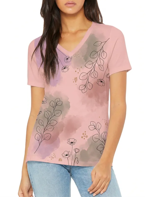 Women's Floral Nature Lover Watercolor Botanical Printed V-neck T-shirt