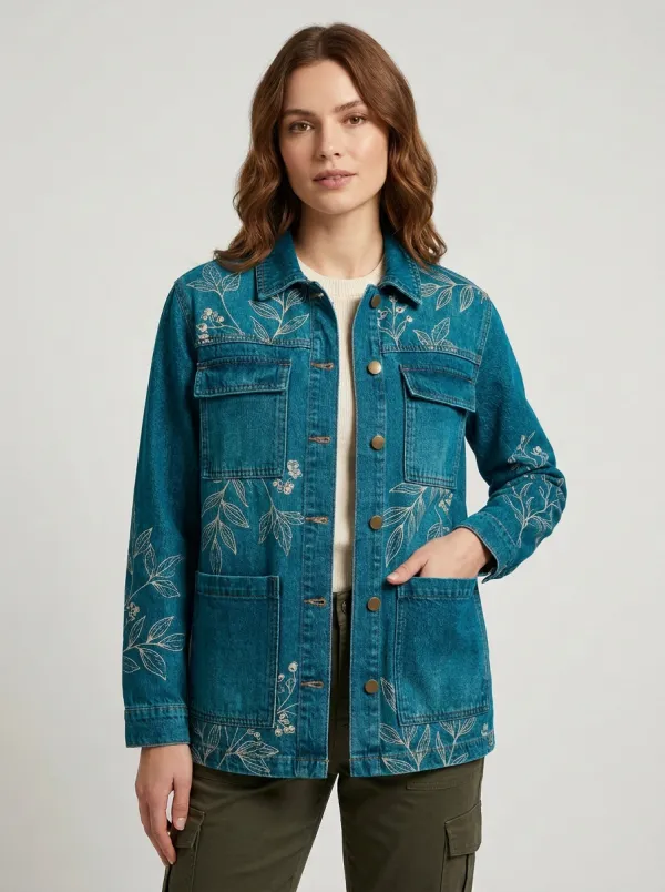 Women's Botanical Floral Pattern Denim Jacket