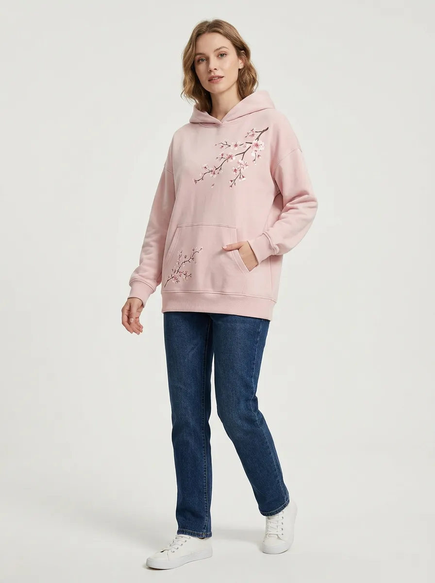 Women's Pale Pink Floral Print Pullover Hoodie