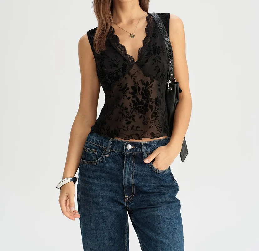 Black Lace V Neck Tank Top