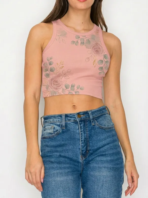 Women's Floral Botanical Rose Printed Ribbed Tank Top
