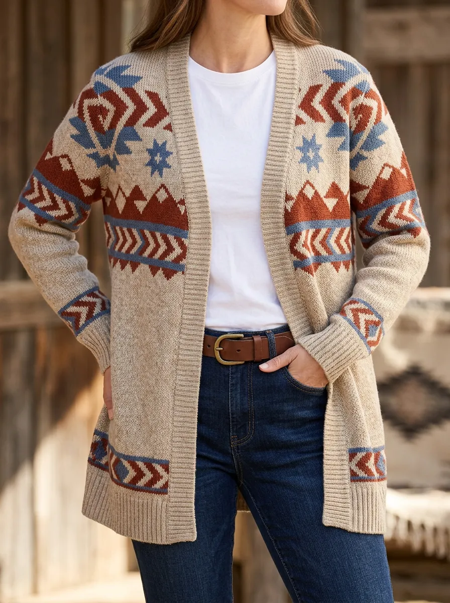 Women's Western Style Geometric Mountain Pattern Printed Cardigan