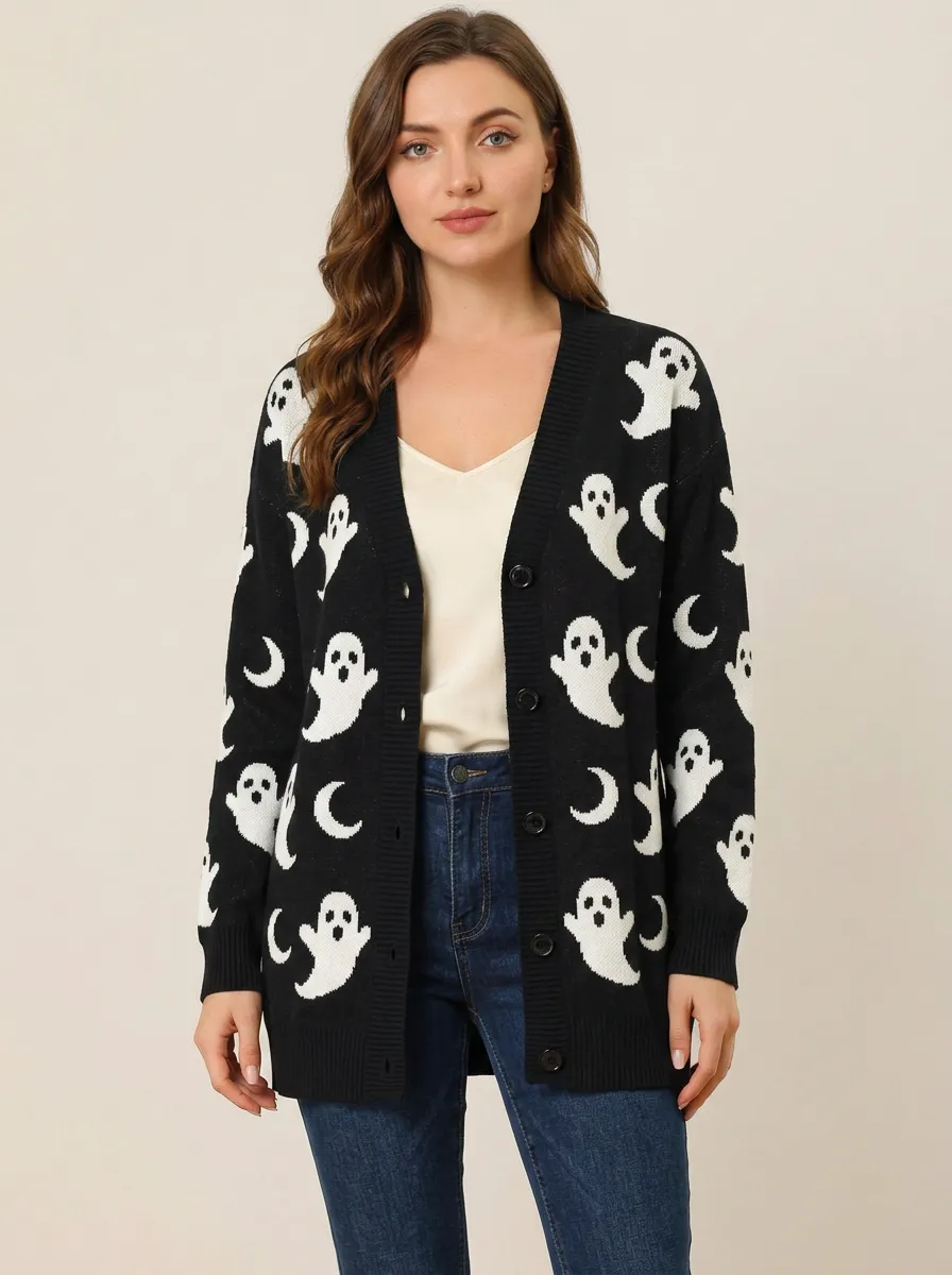 Women's Halloween Ghost and Moon Patterned Knitted Cardigan