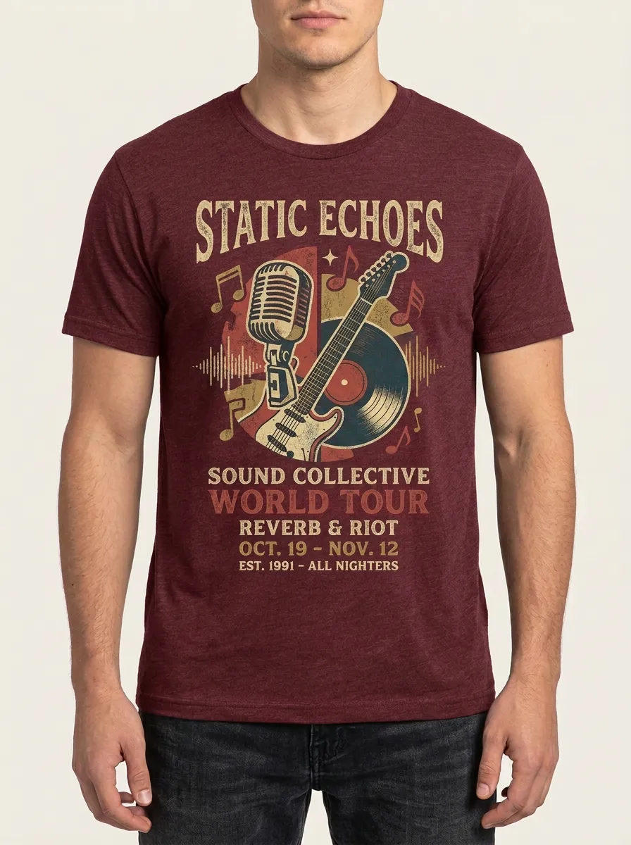 Men's Music Lover Vintage Guitar Microphone Printed T-shirt