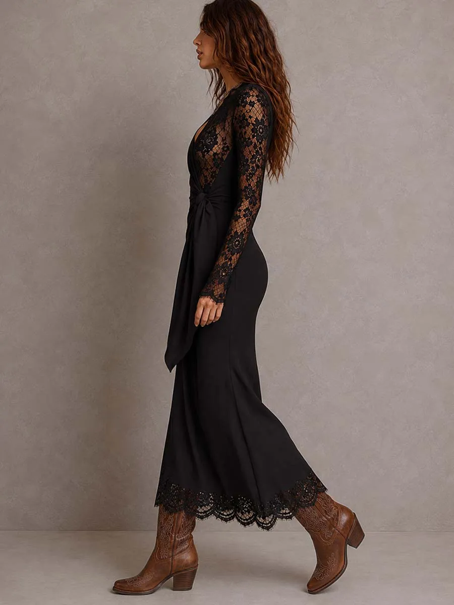 Vintage-style Wrap-tie Lace And Jersey Patchwork Midi Dress