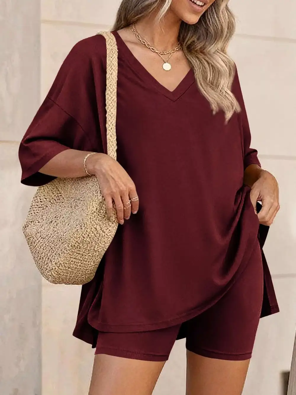 Casual Loose V Neck T Shirt Shorts Sets