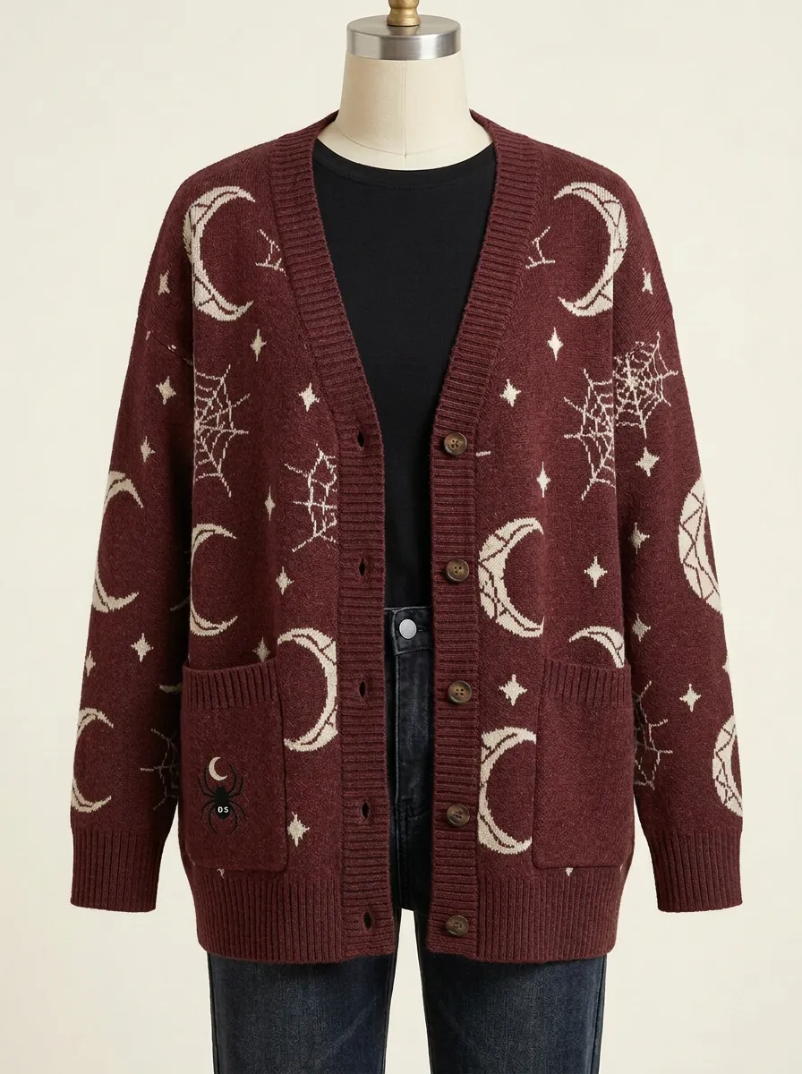 Women's Halloween Gothic Moon Spiderweb Knit Cardigan