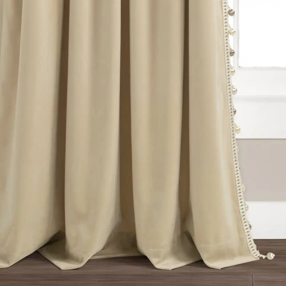 Mid Century Geometric Velvet Light Filtering Rod Pocket Pompom Trim Curtain Panel