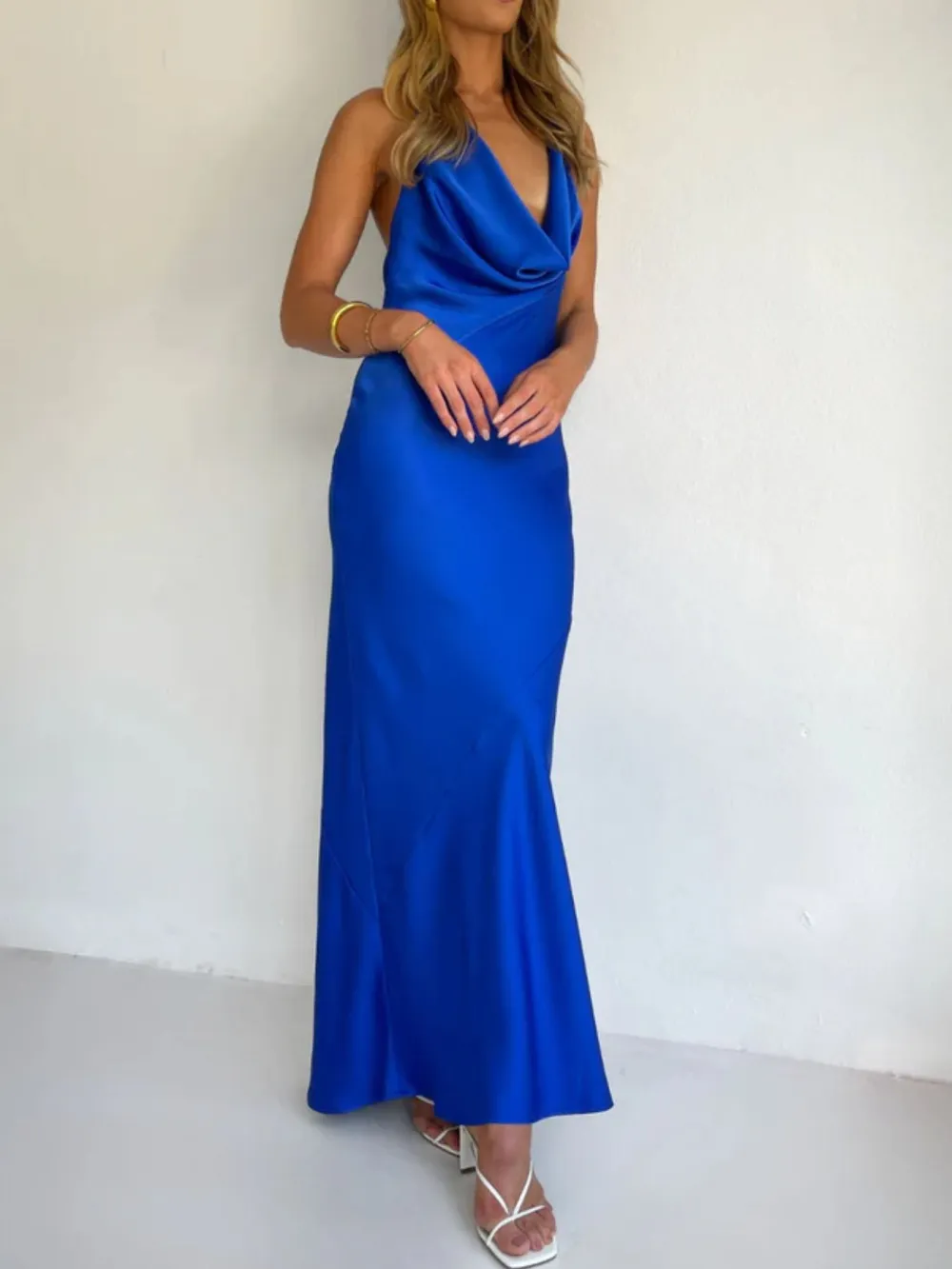 Ruched Halter Satin Maxi Dress