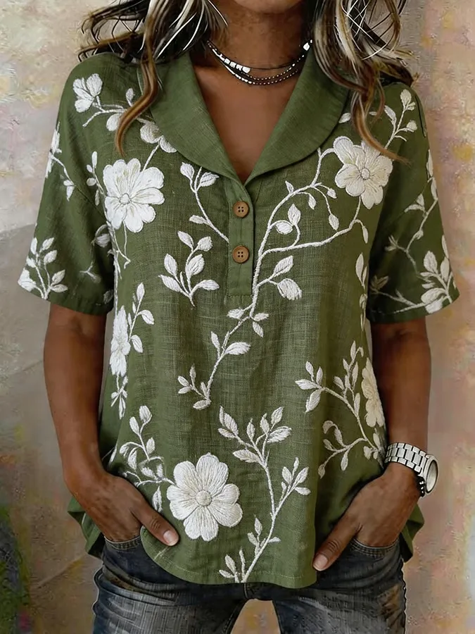 Women's Casual Collared Printed Cotton Linen Shirt