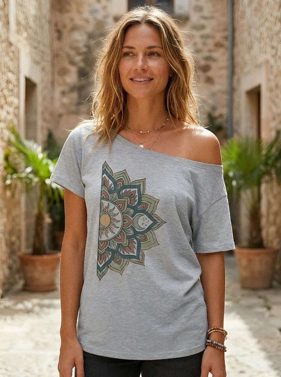 Women's Boho Mandala Sun Printed Off-Shoulder Top