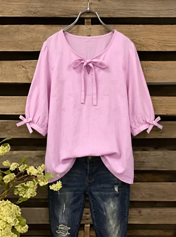 Women's V-neck Tie-neck Bow Embroidered Blouse