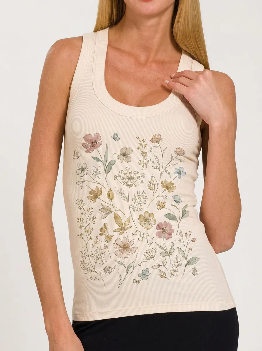 Women's Botanical Nature Lover Wildflower Printed Ribbed Tank Top