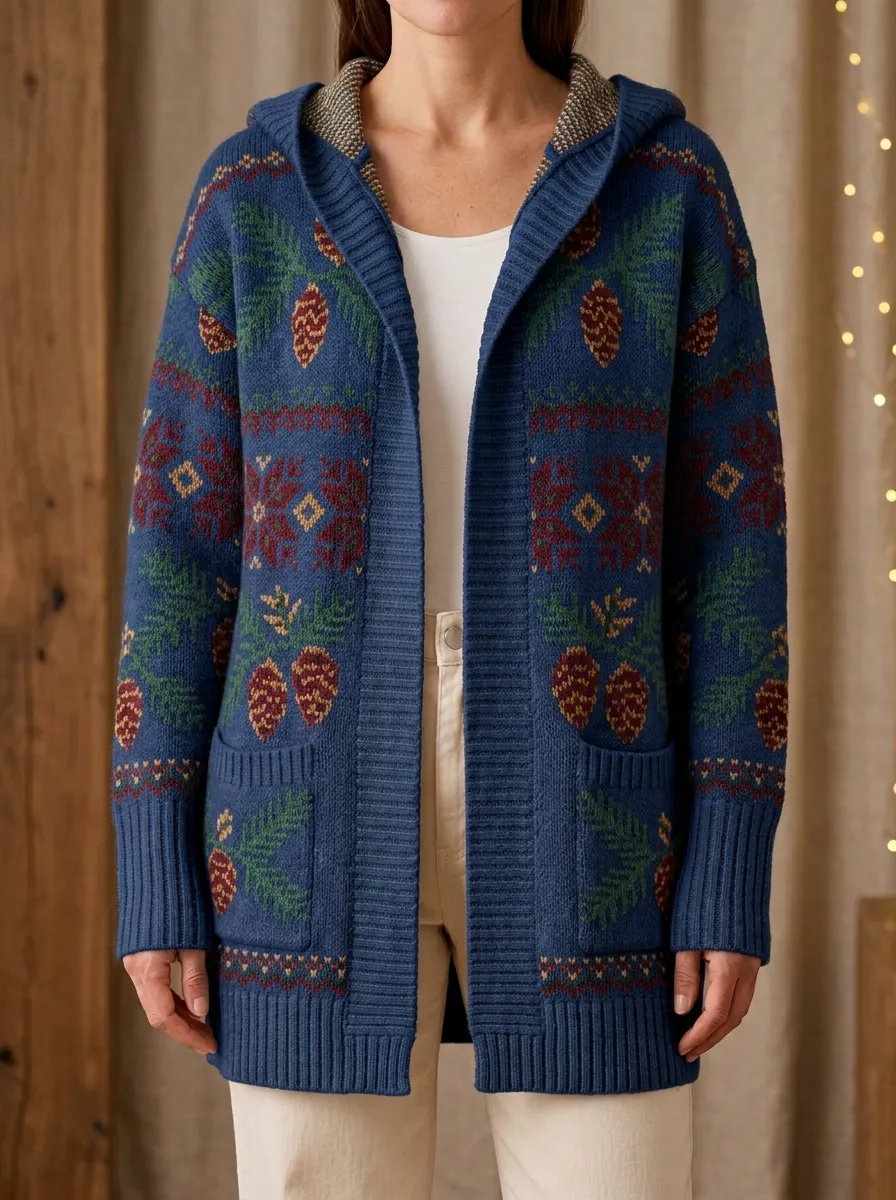Festive Christmas Pinecone Snowflake Pattern Print Hooded Cardigan