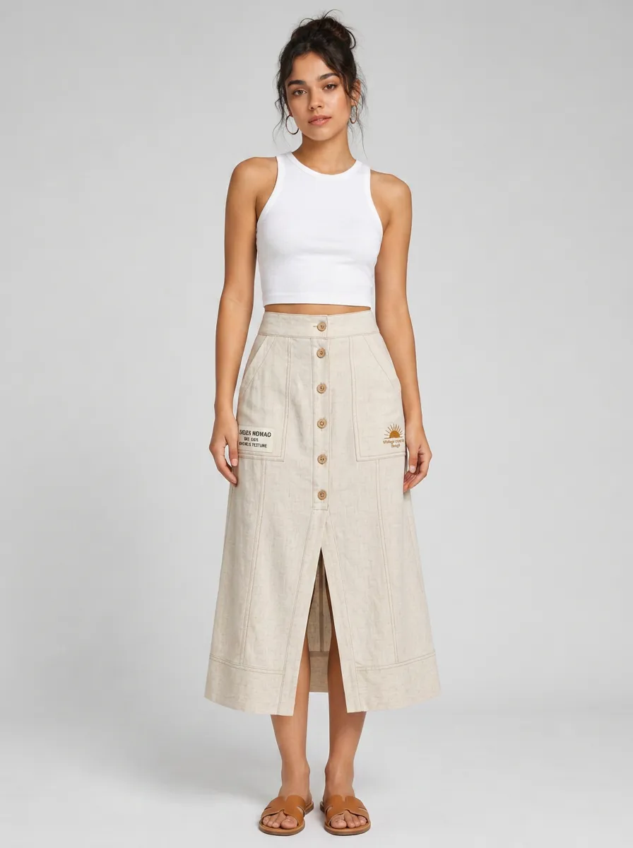 Women's Boho Nomad Sun Graphic Printed Button-down Midi Skirt