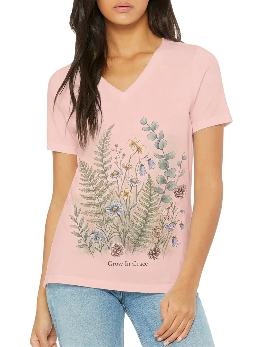 Women's Christian Grow In Grace Wildflower Fern Printed V-neck T-shirt
