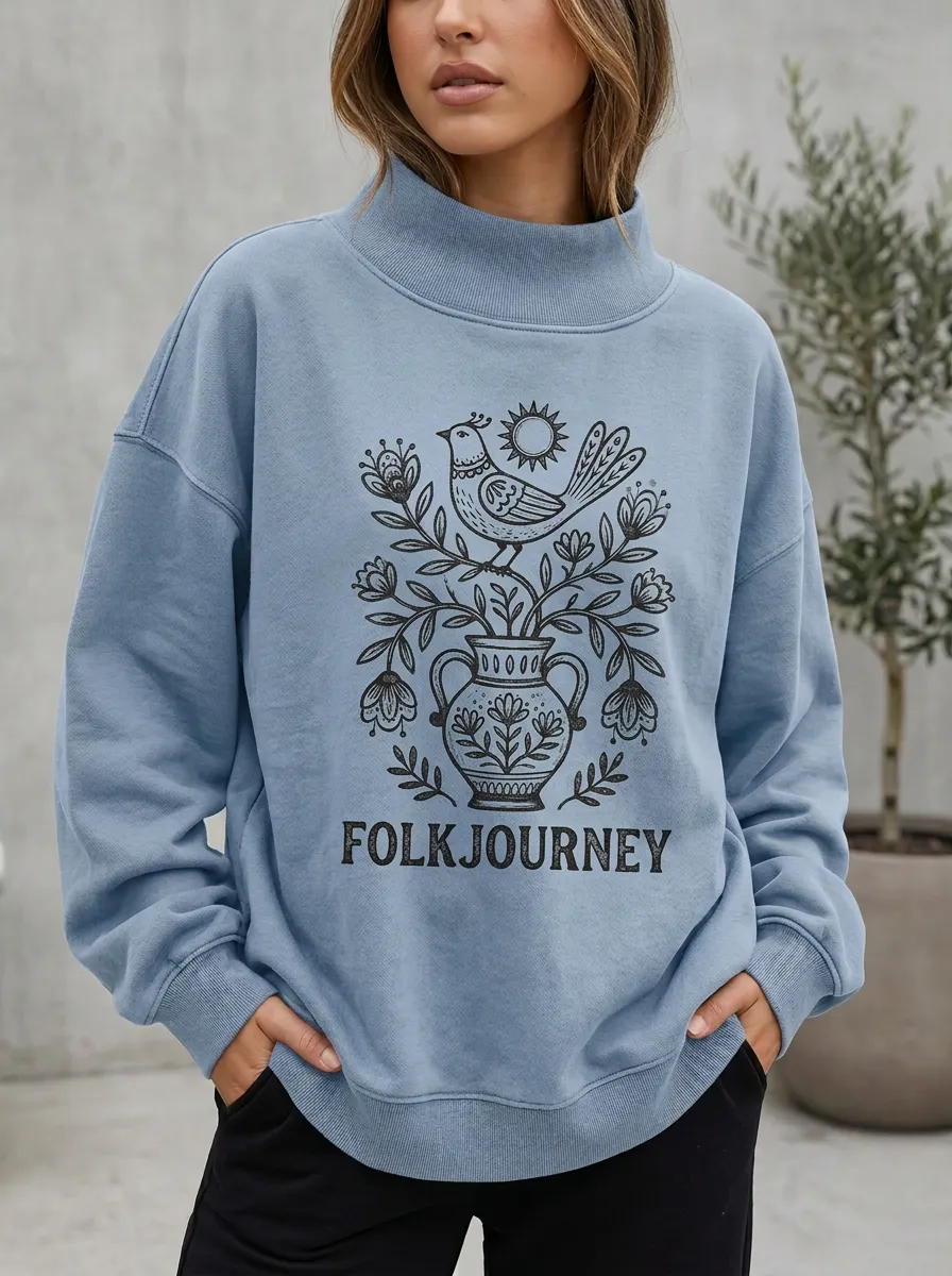 Women's Folk Art Bird Floral Vase Printed Sweatshirt