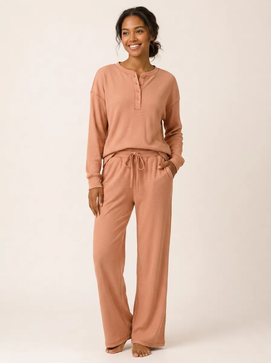 Women's Casual Solid Waffle Knit Button Henley Lounge Set