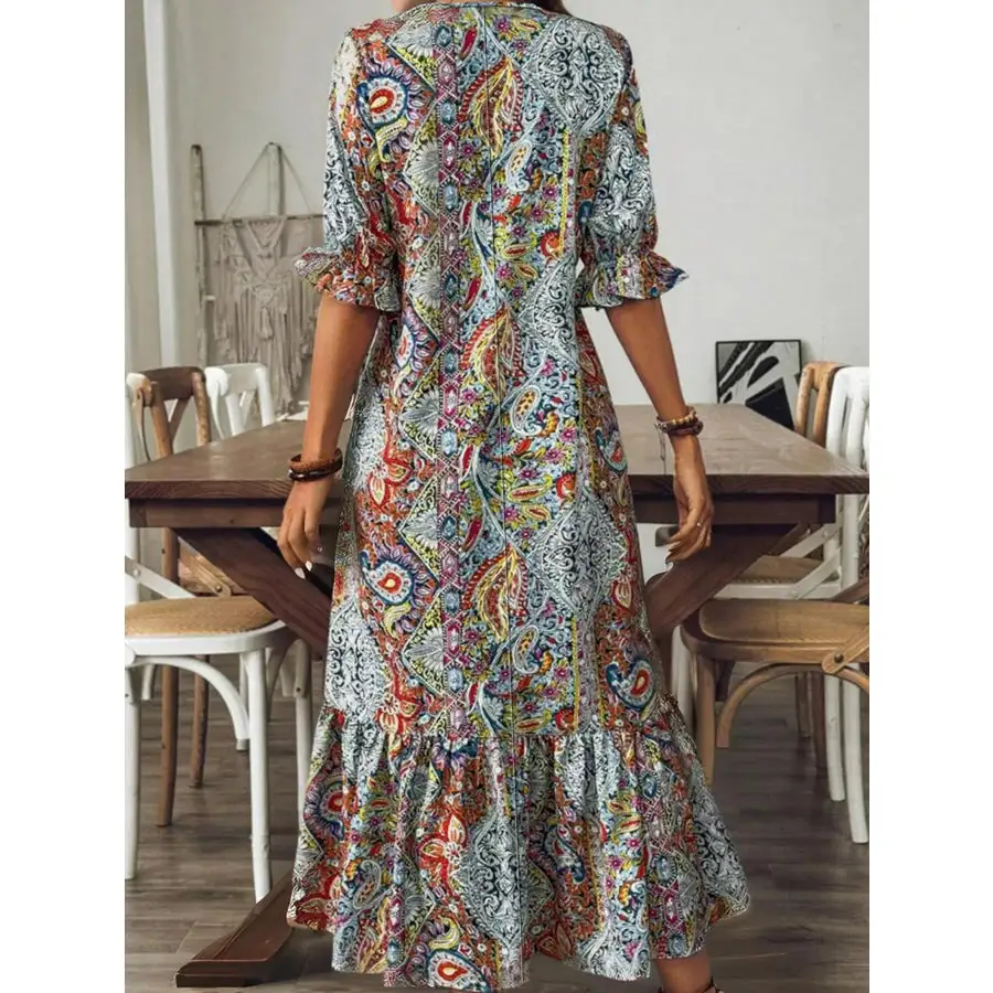 Full Size Bohemian Paisley V-Neck Midi Dress Plus Size