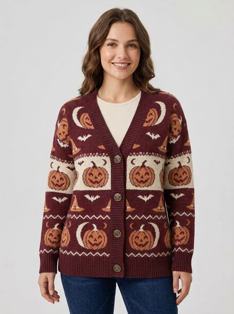 Women's Halloween Pumpkin Bat Witch Hat Pattern Printed Cardigan