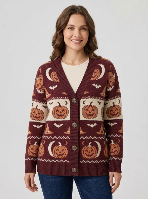 Women's Halloween Pumpkin Bat Witch Hat Pattern Printed Cardigan