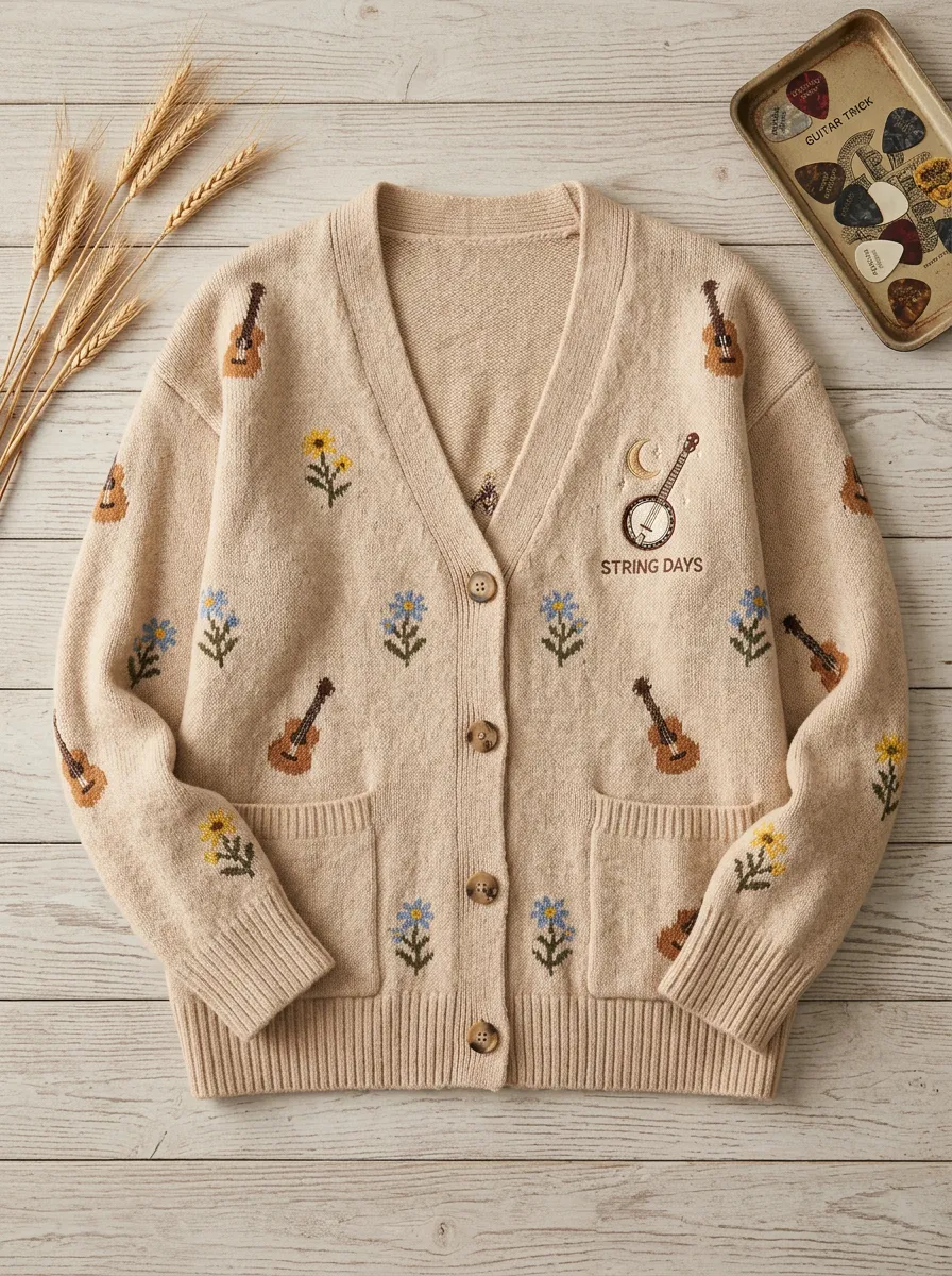 Guitar Banjo Floral Women's Country Music Knit Cardigan