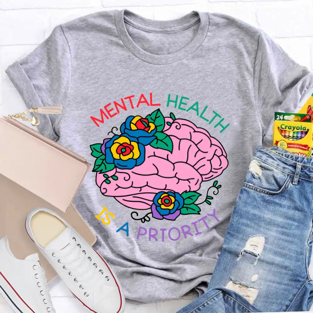 Mental Health Is A Priority Floral Brain T-Shirt