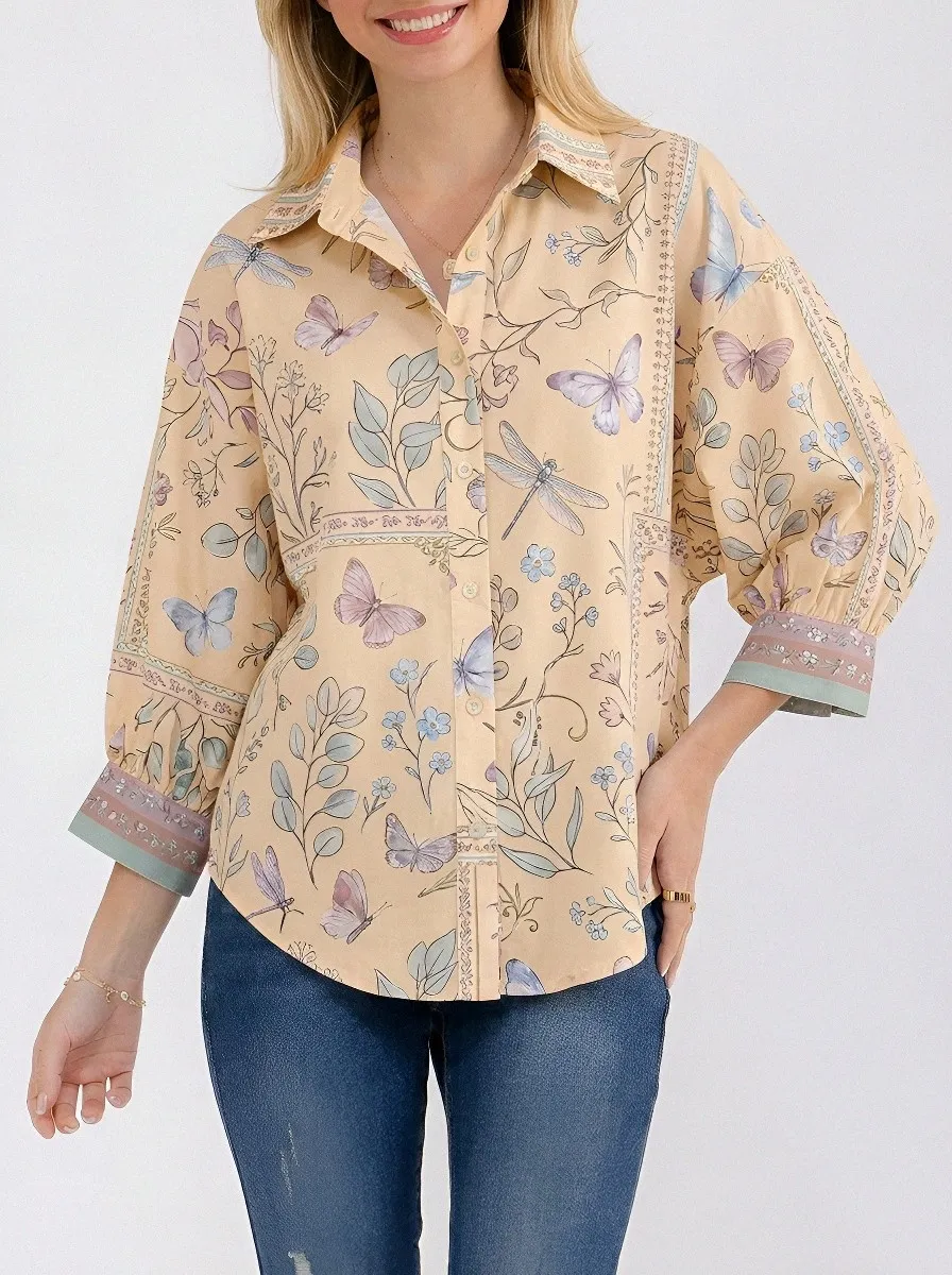 Women's Butterfly Dragonfly Floral Botanical Printed Button-up Shirt