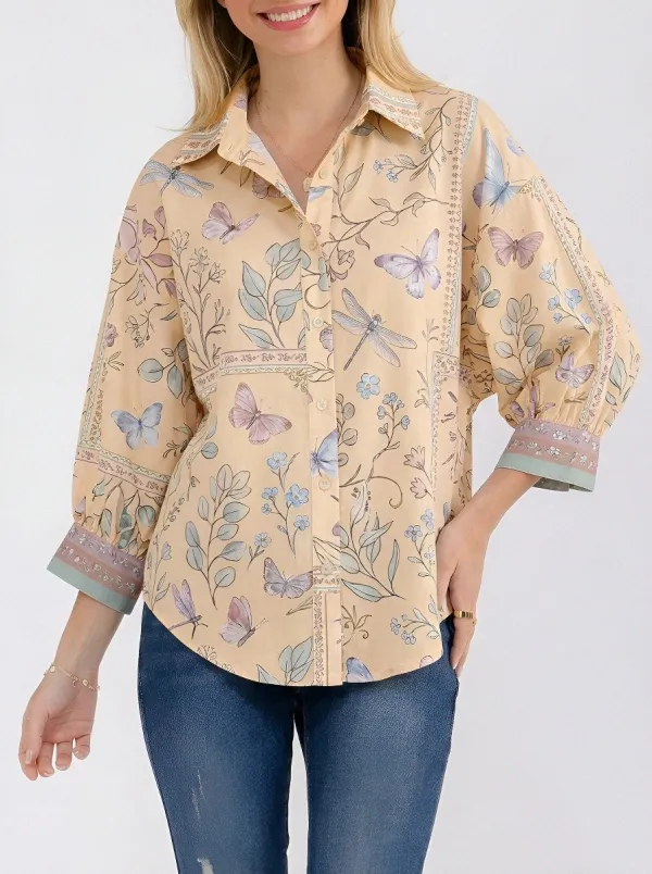 Women's Butterfly Dragonfly Floral Botanical Printed Button-up Shirt