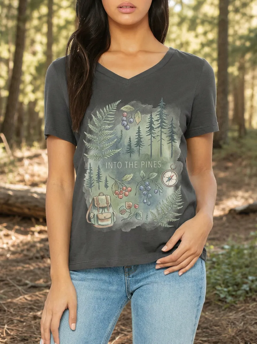 Women's Nature Hiking Into The Pines Fern Compass Printed V-neck T-shirt