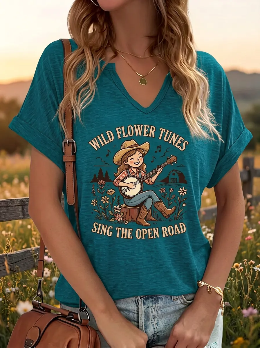 Rustic Banjo Women's Country Music V-Neck T-Shirt
