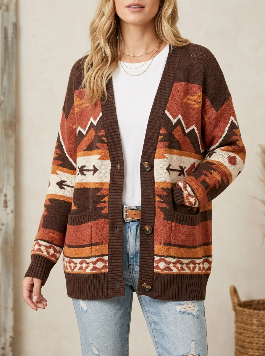 Women's Western Style Geometric Aztec Pattern Knitted Cardigan