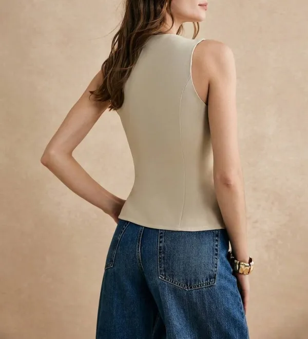 Beige Knit Button Front Vest