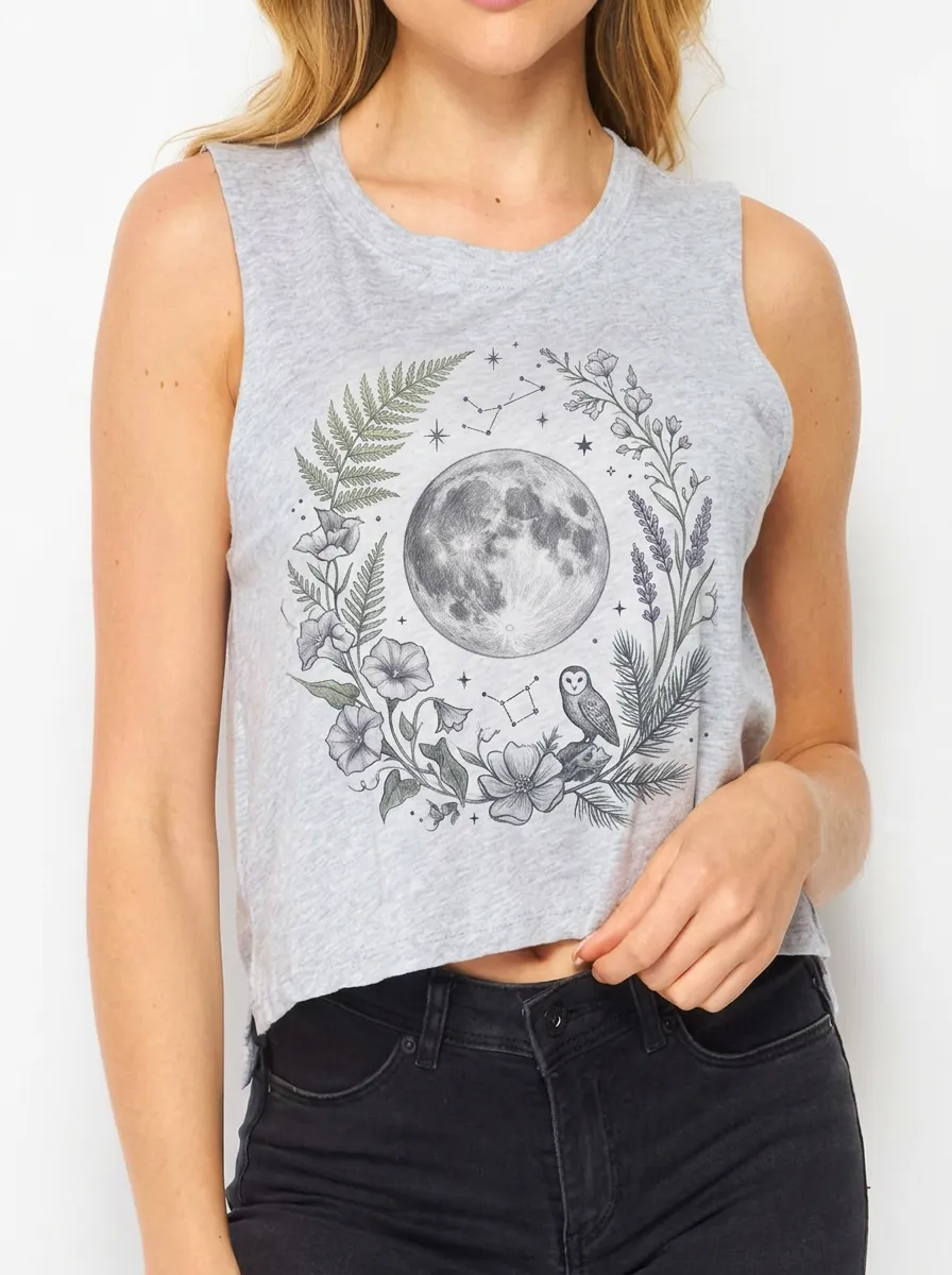 Women's Celestial Nature Lover Moon Owl Floral Printed Tank Top