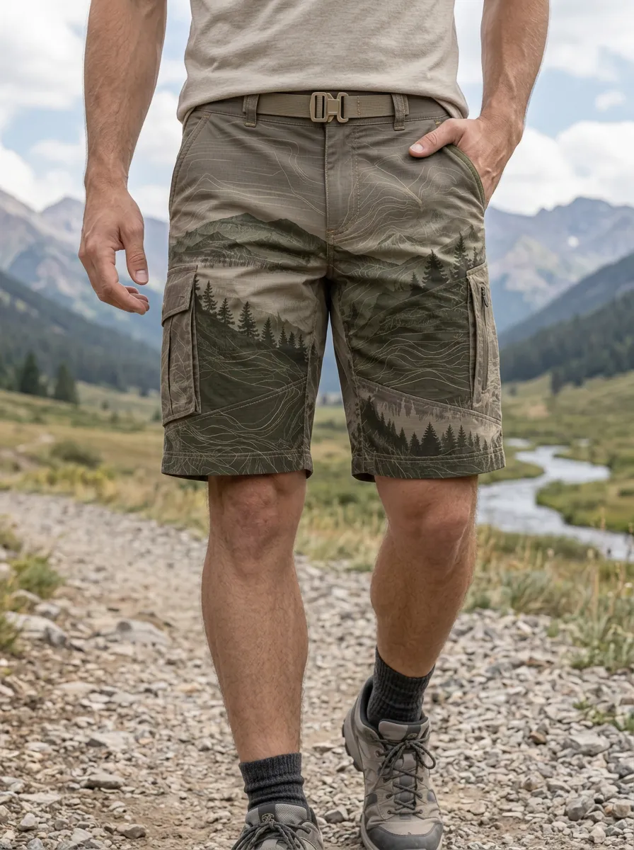 Men's Outdoor Hiking Mountain Forest Topographic Cargo Shorts