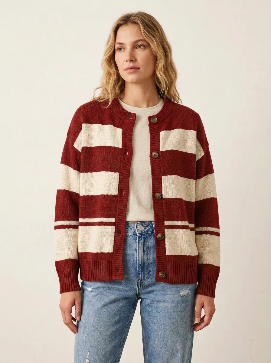 Striped Rugby Striped Button Front Knit Cardigan