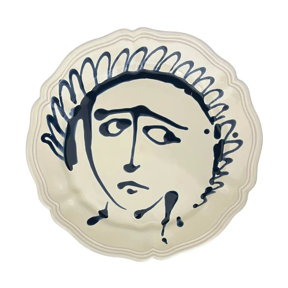 Scalloped Face-Motif Ceramic Serving Plate