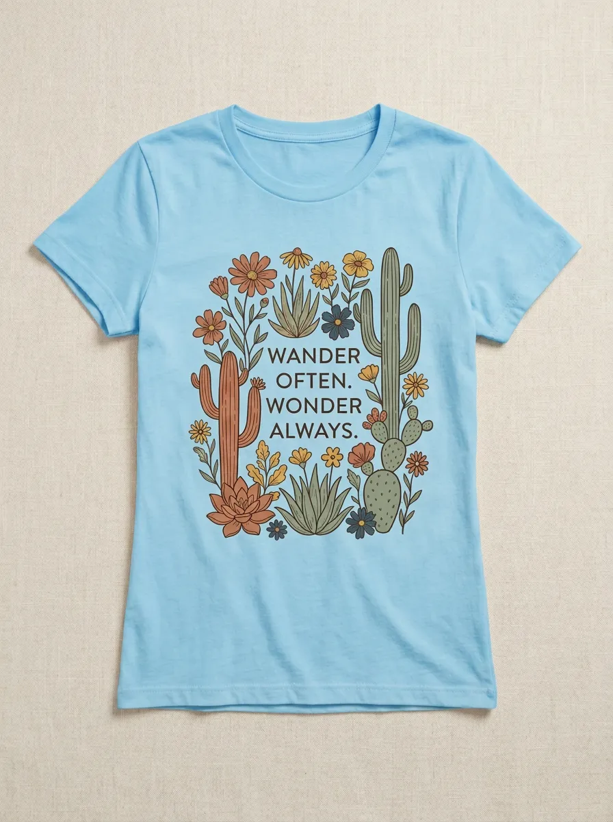 Wander Often Cactus Floral Quote T-Shirt