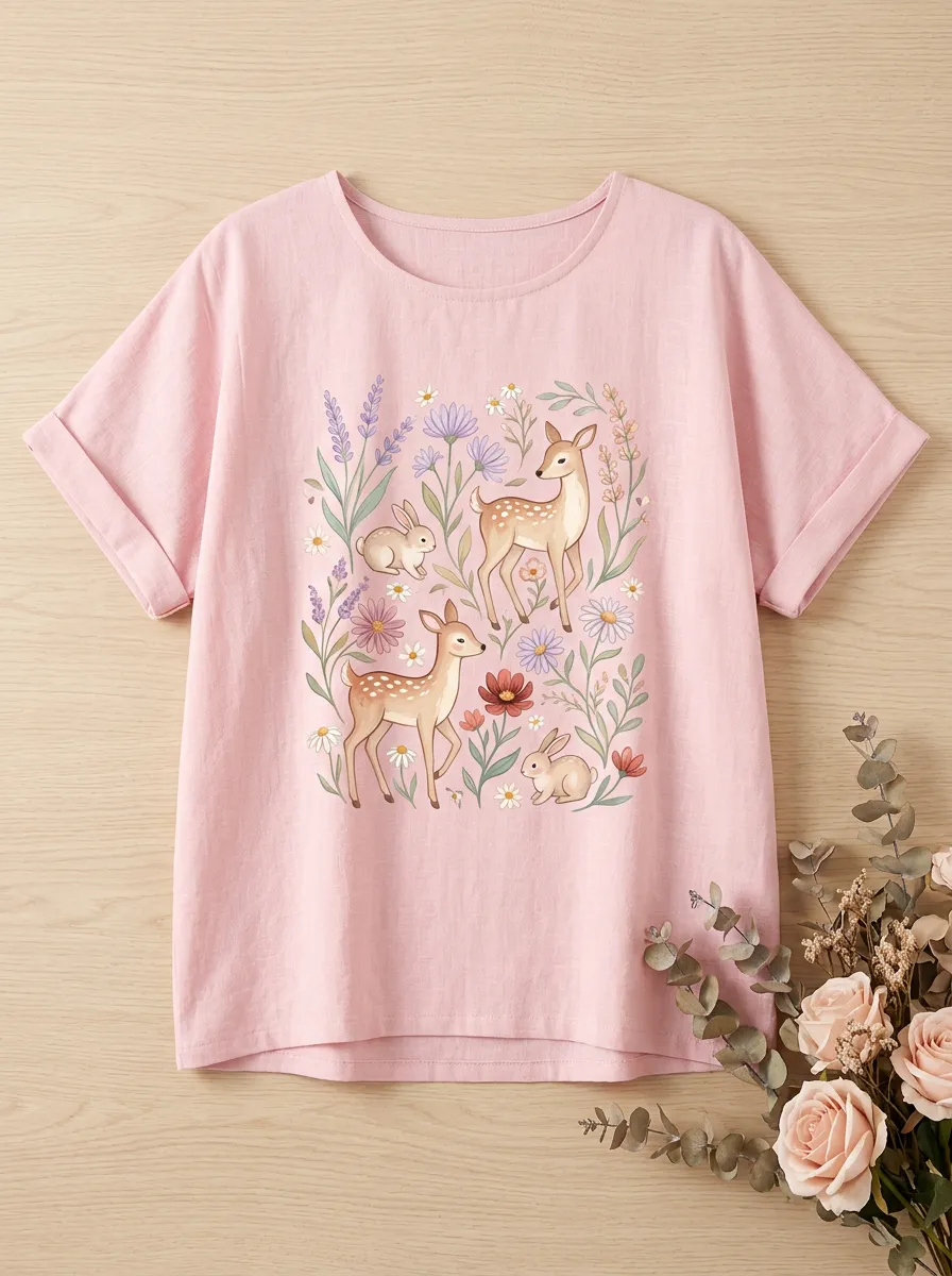 Rabbit Deer Nature Women's Loose Printed T-Shirt