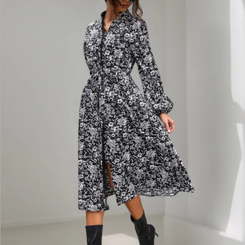 Women's Shirt Floral Belted Dress