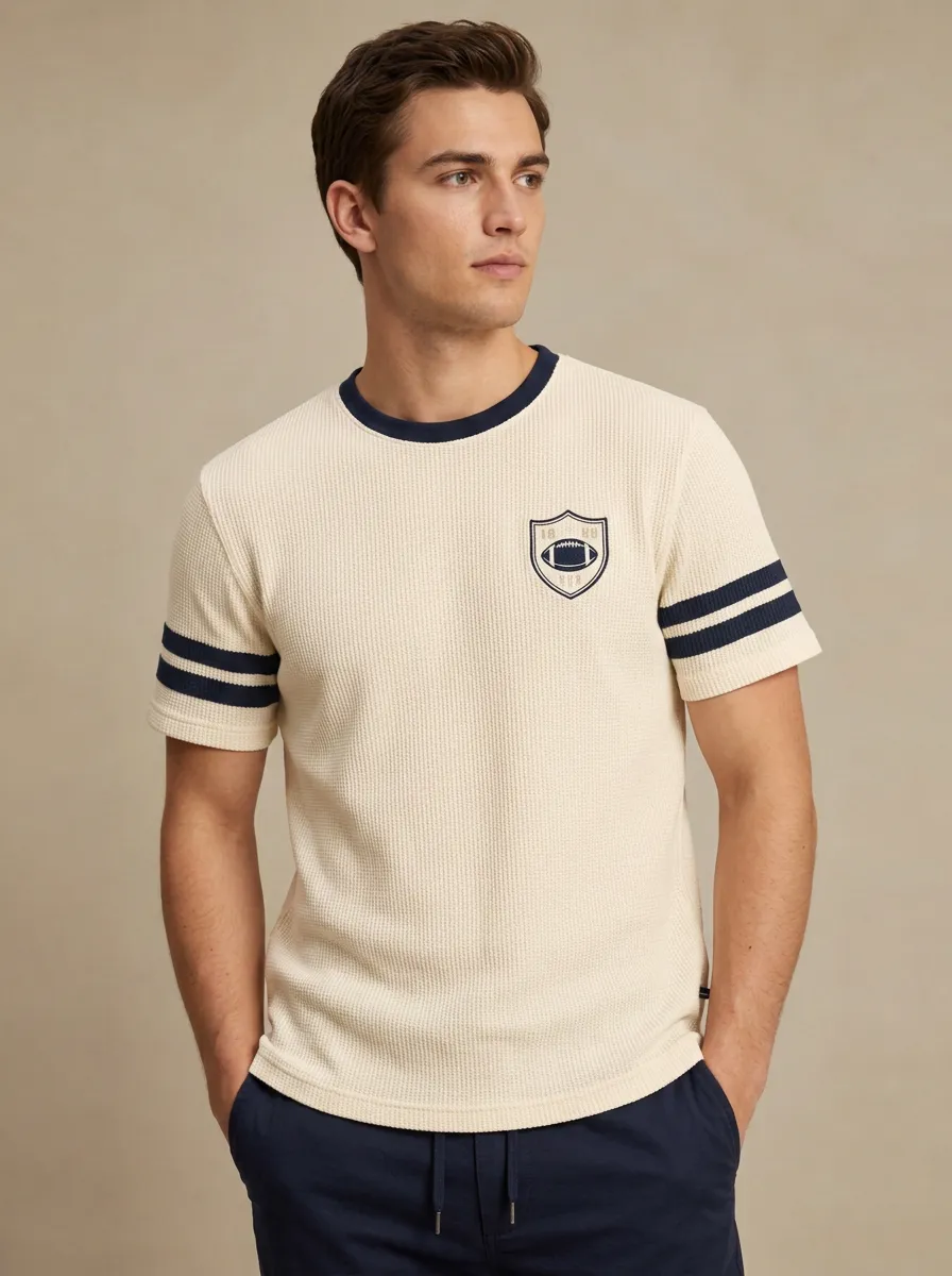 Men's American Football Fan Shield Logo Printed Waffle T-shirt